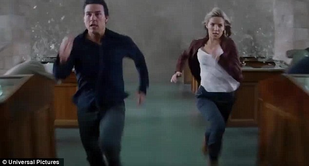 On the run: Nick and Jenny (Annabelle) sprint as a building tumbles down around them