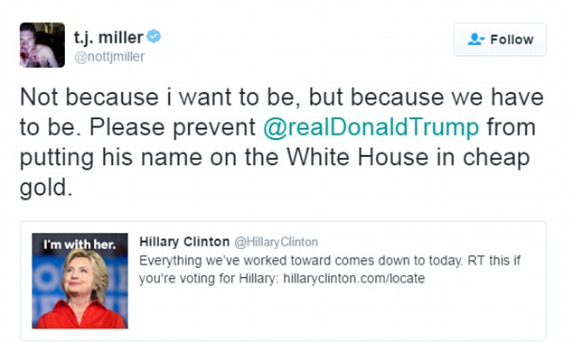 On Election Day, Miller tweeted: 'Please prevent @realDonaldTrump from putting his name on the White House in cheap gold'