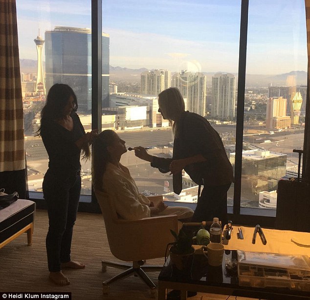 'Good morning Vegas': It seems Heidi was headed to Las Vegas as she shared an Instagram snap on Monday showing her in a room with a beautiful view of the Strip as make-up artist Linda Hay and hair stylist Wendy Iles prepped her for her day