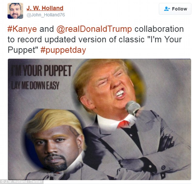 Imitation is the highest form of flattery: Kanye's new bleach-blond hair was a focal point of many of the memes - which compared his new coif to Trump's never-graying look