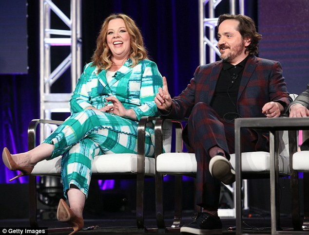 In the bag: Melissa McCarthy joiuned husband and frequent collaborator Ben Falcone on stage to talk about their upcoming comedy series Nobodies, which has already been renewed by TV land for a second season before the first has even premiered