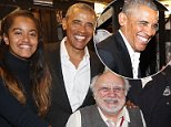 Malia Obama and her father, former President Barak Obama, pose backstage at The Roundabout Theatre Company's production of Arthur Miller's The Price on Broadway at The American Airlines Theatre on Friday