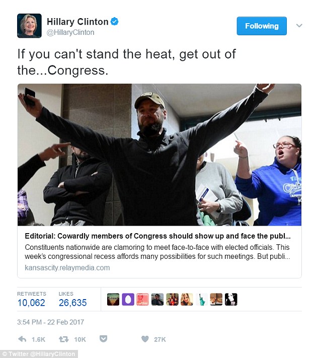 Hillary Clinton resurfaced today to tweet in support of protesters taking over congressional town hall - and shame members of Congress unwilling to face constituents 