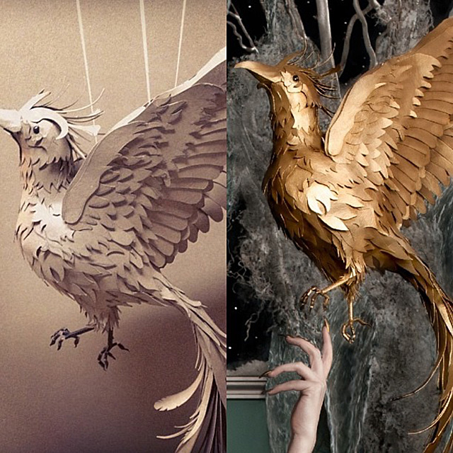 Unpainted WIP bird (left) detail from final "Caged" image (right).
