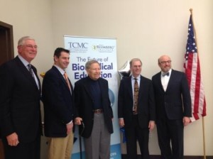 Standing L to R: Mr. Wayne Yetter, Founder CEO of AstraZeneca and Novartis, USA; Dr. John Kulp, BSBI Professor and Director of Academic Programs; Dr. W. Thomas London, BSBI Board Vice-Chairman; Dr. Timothy Block, BSBI Founder and President, and Dr. Steve Scheineman, TCMC President and Dean. 