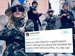 Madonna posted a photo of herself on Wednesday dressed in army camouflage fatigues with military police in the Brazilian slum of Rocinha in Rio de Janeiro (pictured)