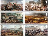 The six stamps reproduce 19th century paintings of the battle where the French leader Napoleon was defeated by the Duke of Wellington in 1815