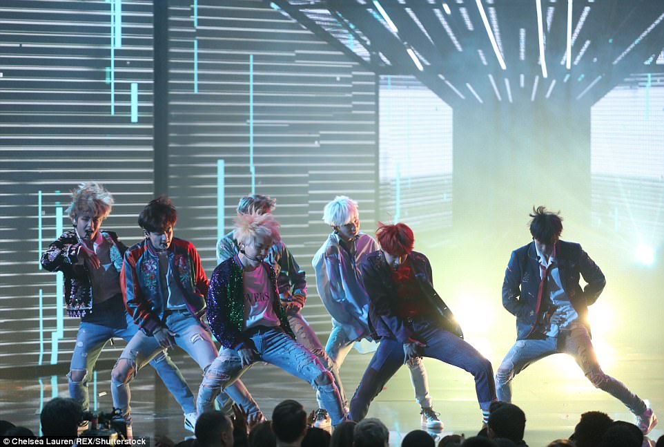In formation: Korean boyband BTS may have had the most energetic performance of the night as they had diehards screaming and even crying in the crowd as they performed hit DNA
