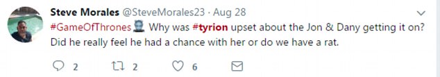 Creep: However  Tyrion was shown lingering outside in the shadows - with fans quick to speculate whether he was in love with the queen on Twitter (above) 