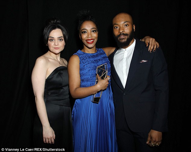 Huge honour: Naomi Ackie picked up the prize for Most Promising Newcomer. The Lady Macbeth actress stunned in her cobalt blue dress and eye catching red lip as she posed with I Daniel Blake star Haley Squires, who won the award last year, and playwright Arinze Kene