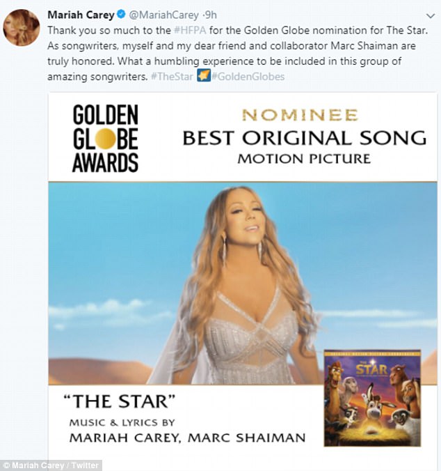 'What a humbling experience': Her performance comes just hours after she received her first Golden Globe nomination for Best Original Song for her Christmas tune The Star from the animated movie of the same name