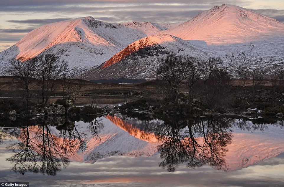 A glorious view of the Blackmount across Lochan na Achlaise Rannoch Moore today in Glen Coe, Scotland