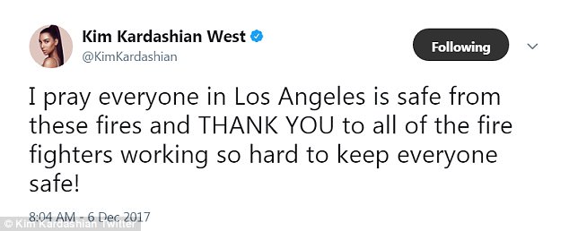 Kim Kardashian shared her prayers for everyone in Los Angeles and also took the time to thank fire fighters battling the blaze 