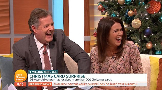 A great chuckle: Susanna Reid, 47, and Piers Morgan, 52, sat across an elderly couple on the interview couch as war veteran Harry, 96, and wife Josie revealed how they've maintained a 67-year relationship - English roast dinners