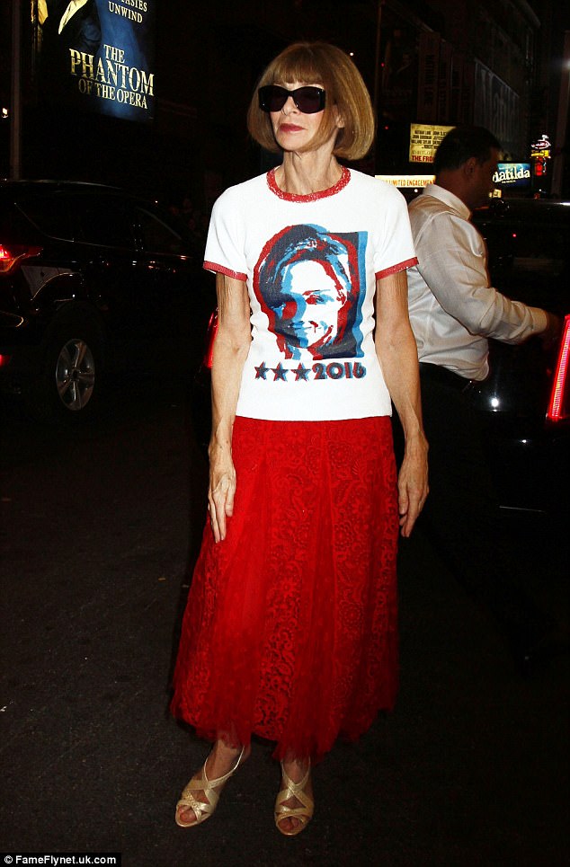 Wintour supported Hillary Clinton during the presidential race. She is pictured in October 2016 wearing a T-shirt with the then-candidate's face on it