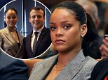 French President Emmanuel Macron appeared alongside superstar singer Rihanna for an education summit in Senegal today. Rihanna, who wore a smart grey suit for the event with her hair scraped back, tweeted 'merci' to thank Macron after the pair posed for photos