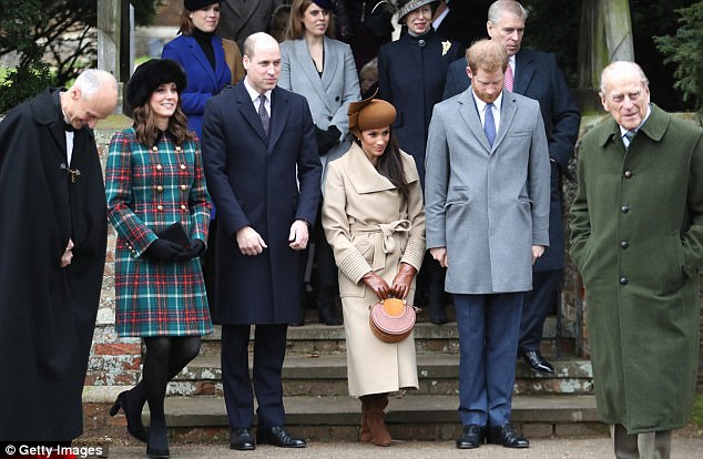 Princess Beatrice, Princess Eugenie, Princess Anne, Princess Royal, Prince Andrew, Duke of York, Prince William, Duke of Cambridge, Prince Philip, Duke of Edinburgh, Catherine, Duchess of Cambridge, Meghan Markle and Prince Harry attend Christmas Day Church service at Church of St Mary Magdalene. Earlier in the day Princess Beatrice wore black heeled boots