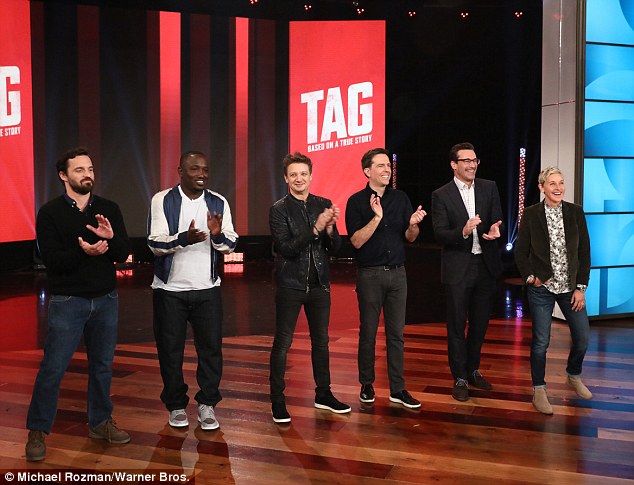 First look: Jeremy Renner, Jon Hamm, Hannibal Buress and Ed Helms joined Ellen DeGeneres on her daytime chat show Tuesday to promote their upcoming big screen comedy Tag