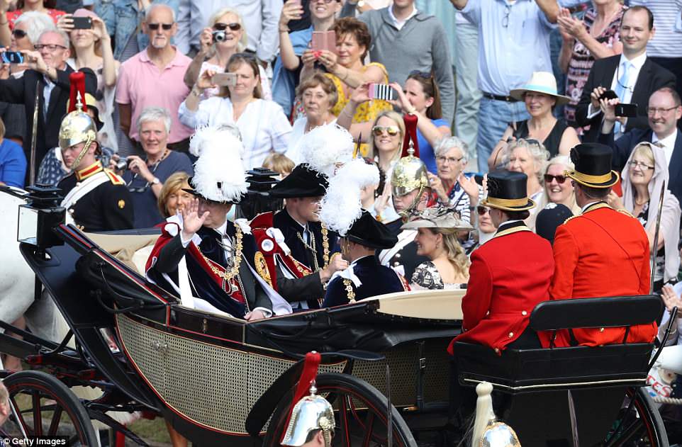 Prince Andrew, Duke of York (back left), Prince William, Duke of Cambridge (back right),  Prince Edward; Earl of Wessex (front left) and  Sophie, Countess of Wessex ride in a carriage after the ceremonial service 