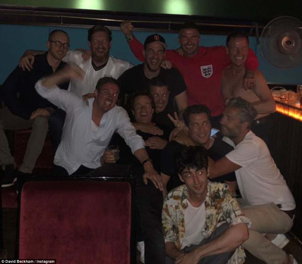 Wahey! England was shaken to its core on Tuesday evening, when a historic win saw the Three Lions fly into the World Cup quarter-finals after a game-changing penalty shoot out and stars soon flocked social media to celebrate - with David Beckham (second right, back row) and Dave Gardner (left, bottom row) holding a viewing partner