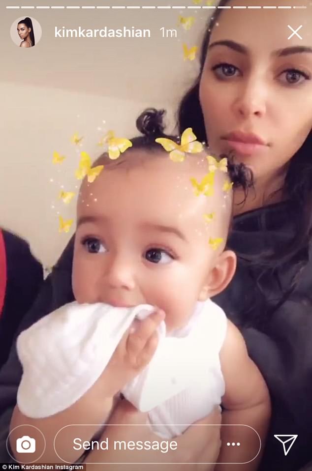 Adorable: Kim is still clearly enamored with her youngest as she shared two videos of her and the almost five-month-old to her Instagram stories on Saturday