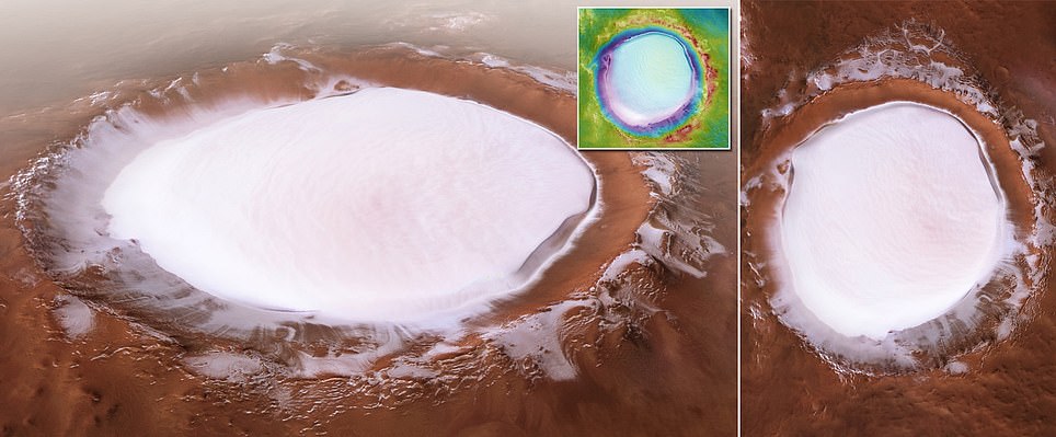 Stunning images reveal gigantic ice filled crater 50 miles wide on the surface of Mars