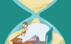 Cartoon of a man completing a tax return in an hourglass 