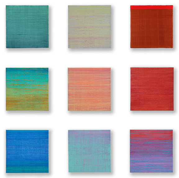 Grid of nine paintings from Silk Road, 2014-2015, encaustic on panel, each 12 x 12 inches in a 44 x 44-inch grid installed at dm contemporary, New York City, January 2015