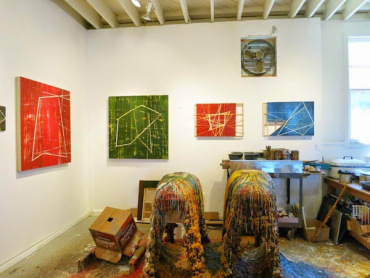Ideas transcending medium: In this view of Howard Hersh’s San Francisco studio in May 2015, we see paintings in encaustic (two at left) and constructions in acrylic and wood. Photo: Joanne Mattera Art Blog http://joannemattera.blogspot.com/2015/05/art-in-san-francisco.html