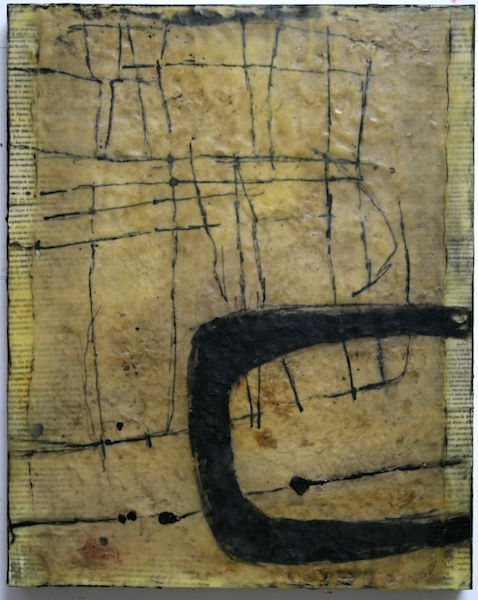 Gwendolyn Plunkett, Linear A3, 2013 on-going; repurposed book pages, Lokta paper, India ink, encaustic and oil bar on panel; 20 x 16 inches