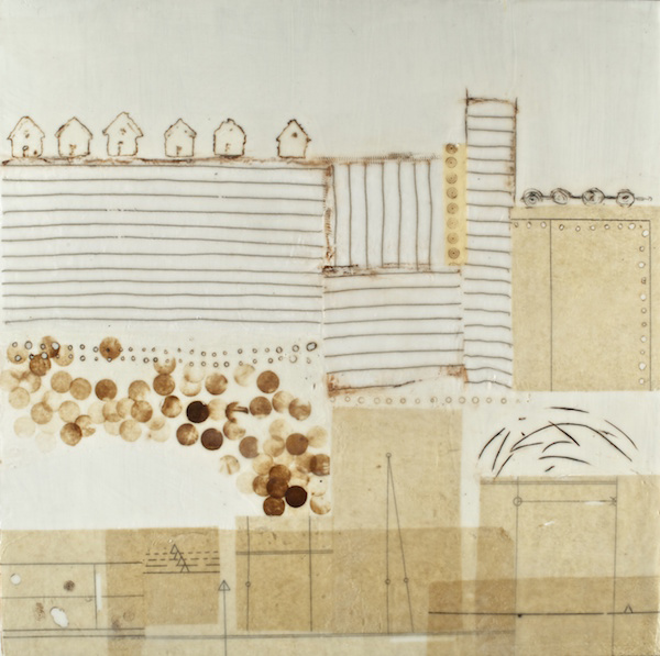 Francesca Azzara, View From My Dream, 2011; encaustic, fabric, paper and oil stick; 24” x 24”