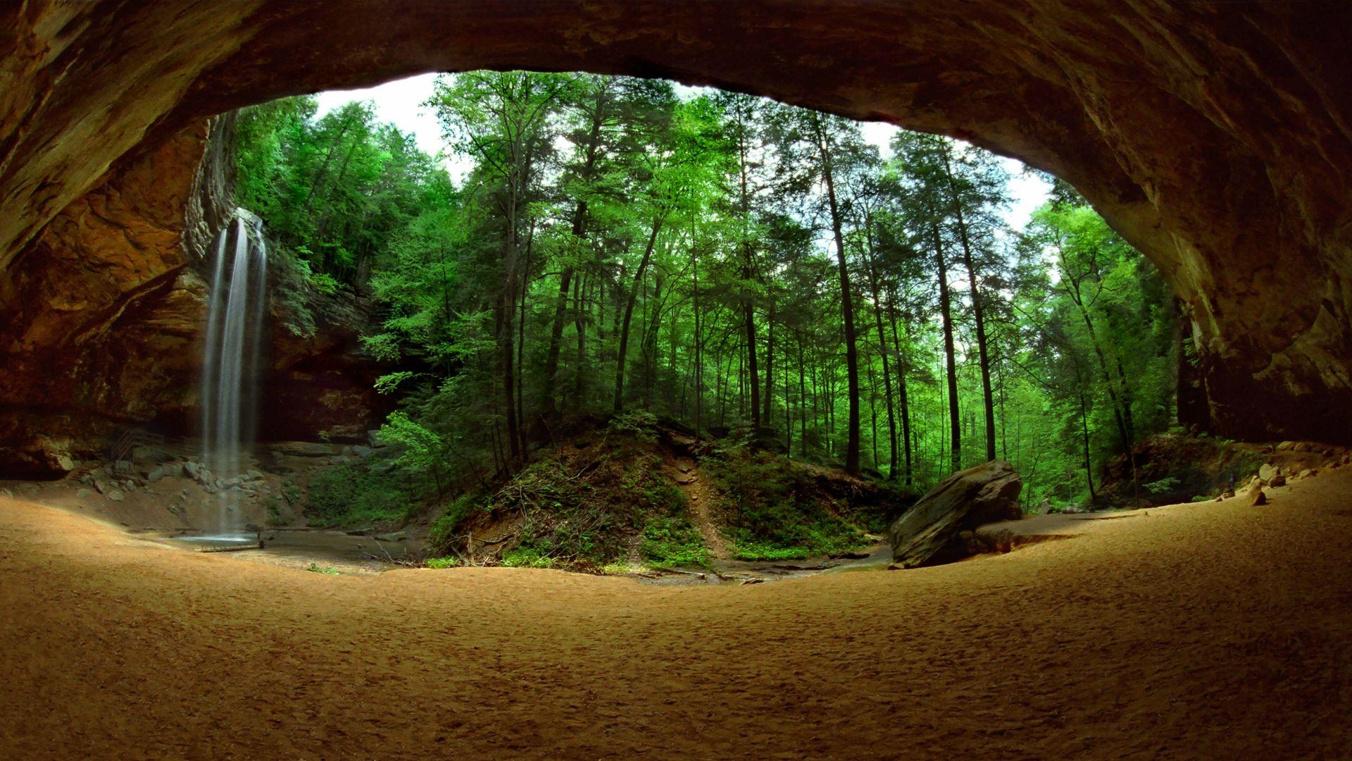large-cave-small-waterfall-1080P-wallpap