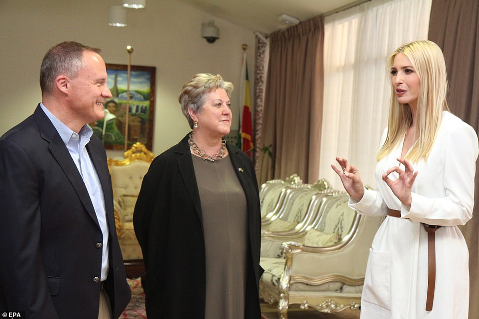 A handout photo made available by the US Embassy in Ethiopia on Sunday shows Ivanka at the US Embassy in Addis Ababa. She was greeted by US Ambassador to the African Union Mary Beth Leonard (in picture at center) and US Ambassador to Ethiopia Michael Raynor and was joined by USAID Administrator Mark Green and OPIC Acting President and CEO Dave Bohigian