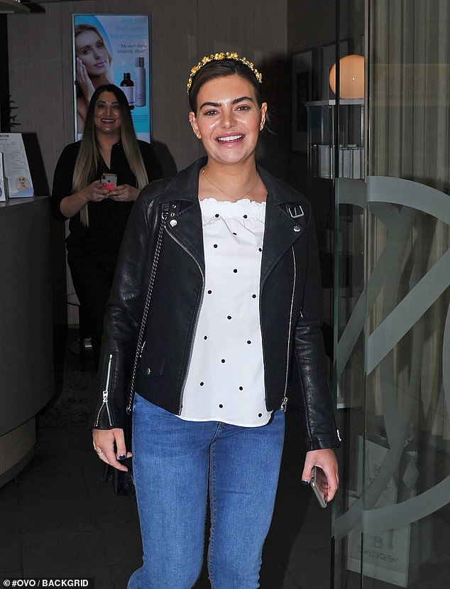 Radiant: Stepping away from her usual glamorous make-up, the Love Island beauty looked remarkably fresh-faced as she left Meso Clinic