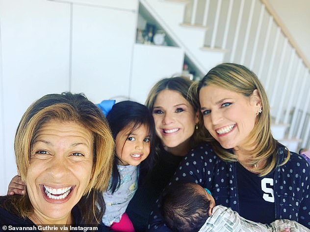 All smiles: Savannah Guthrie, 47, and Jenna Bush Hager, 37, met baby Hope on April 16, just hours after Hoda had announced that she had adopted a second child