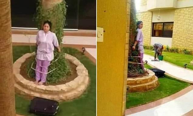 Filipino maid tied to a tree as punishment for leaving furniture outside