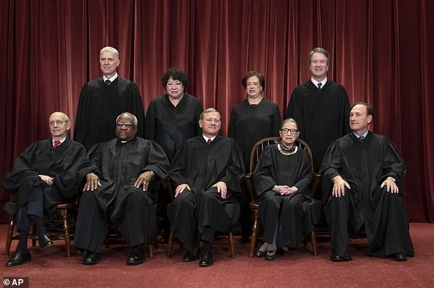 Conservative court: Chief Justice John Robert now presides over a court with five justices - himself included - seen as anti-abortion, two of them Trump's picks: Brett Kavanaugh (top right), and Neil Gorsuch (top left)