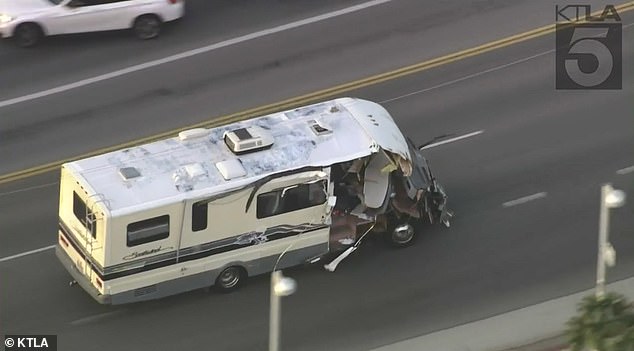 A woman driving a stolen RV led police on a wild 60mph chase through the streets of Santa Clarita, near Los Angeles in Southern California on Tuesday evening
