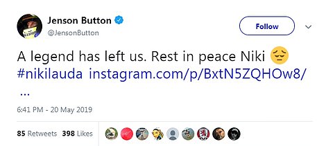 Former F1 world champion Jenson Button paid tribute to Lauda on Twitter