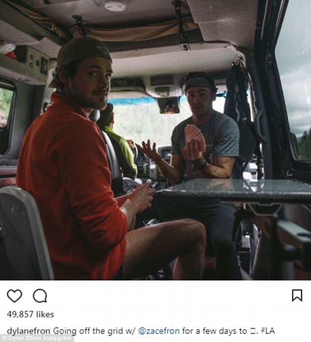 Strip poker?: Dylan posted an Instagram photo of himself and Zac playing cards in a van and their location mysteriously as 'The Middle of Nowhere'