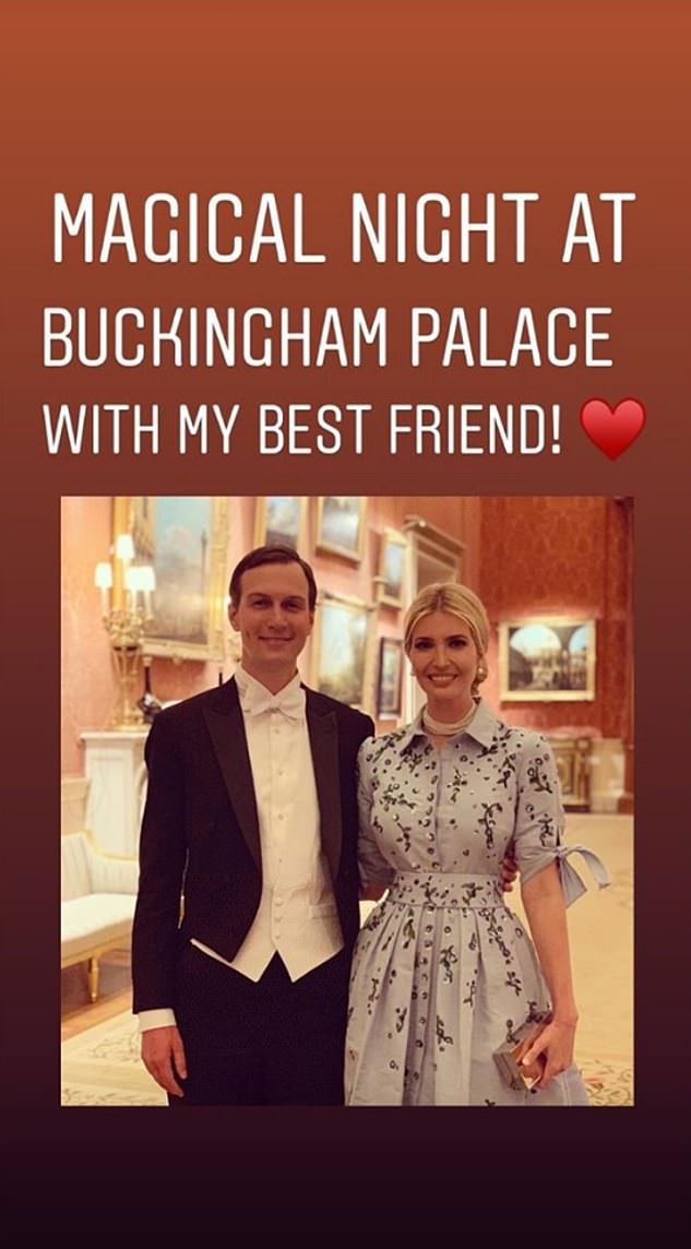 Last night she attended the State Banquet hosted by the Queen at Buckingham Palace with her husband and 'best friend' Jared Kushner - sharing a number of snaps from the event on her story