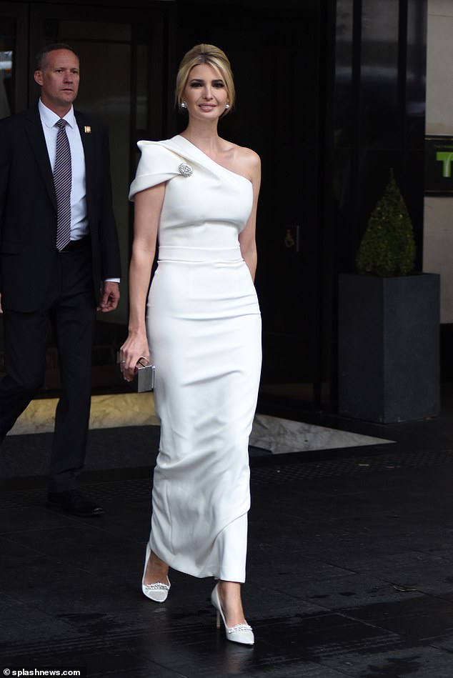 Ivanka (pictured), in all white, took a page from her mother-in-law, who wore all white at a state banquet held in her's and her husband's honour yesterday