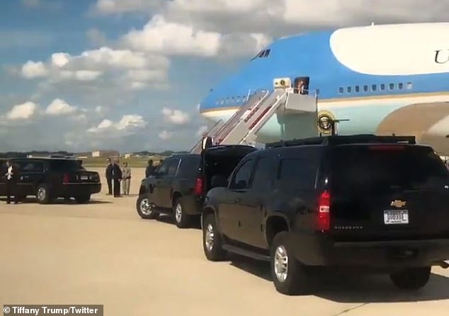 Tiffany Trump filmed her father walking off Air Force One on Wednesday as the family returned from the President's 2020 re-election campaign kickoff, writing 'We're Home!'