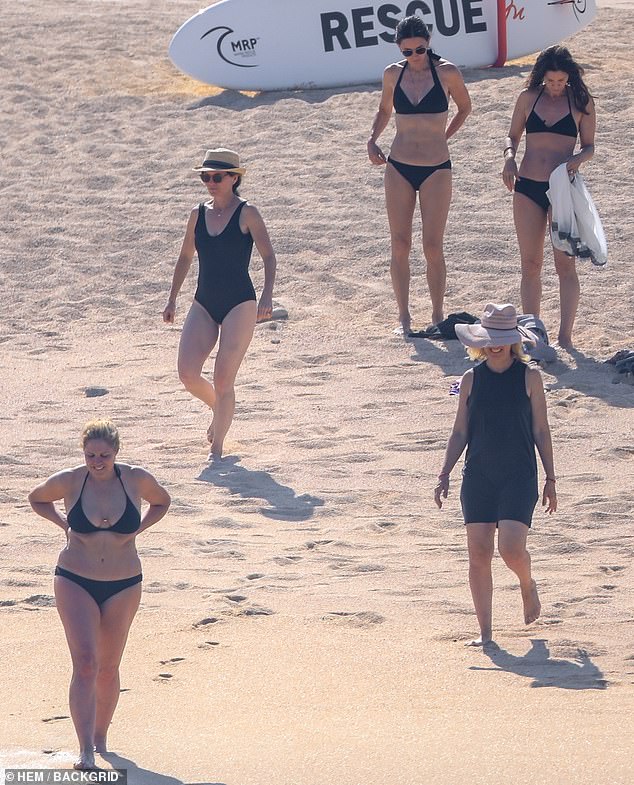 Girls trip: Joining her for her birthday festivities were longtime pal and Friends co-star Jennifer Aniston (not pictured, West Wing actress Mary McCormack (L), film producer Kristin Hahn (2nd L), actress Andrew Bendwald (2nd R) and actress Amanda Anka (R), the wife of Jason Bateman