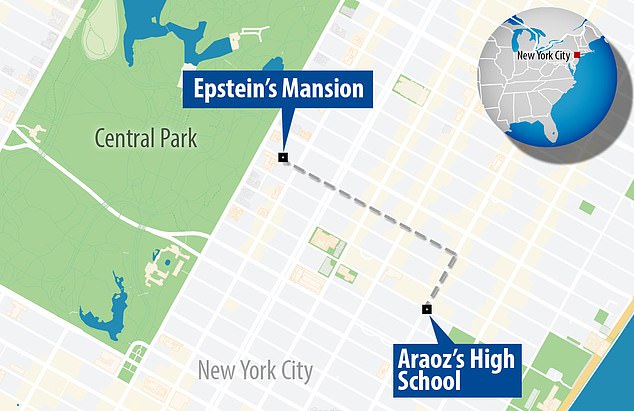 Nearby: A recruiter, whose identity she does not known, began to appear outside her school and offer to buy her meals, during which time she quizzed the teen (a map shows Epstein's proximity to the victim's school)