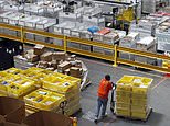 FILE - In this Aug. 3, 2017, file photo, a worker pushes bins at an Amazon fulfillment center in Baltimore. Amazon will spend more than $700 million to provide additional training to about one-third of its U.S. workforce. (AP Photo/Patrick Semansky, File)