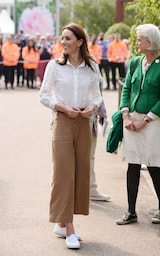 The Duchess of Cambridge arrives to put the finishing touches to her Chelsea Flower Show garden on Monday morning