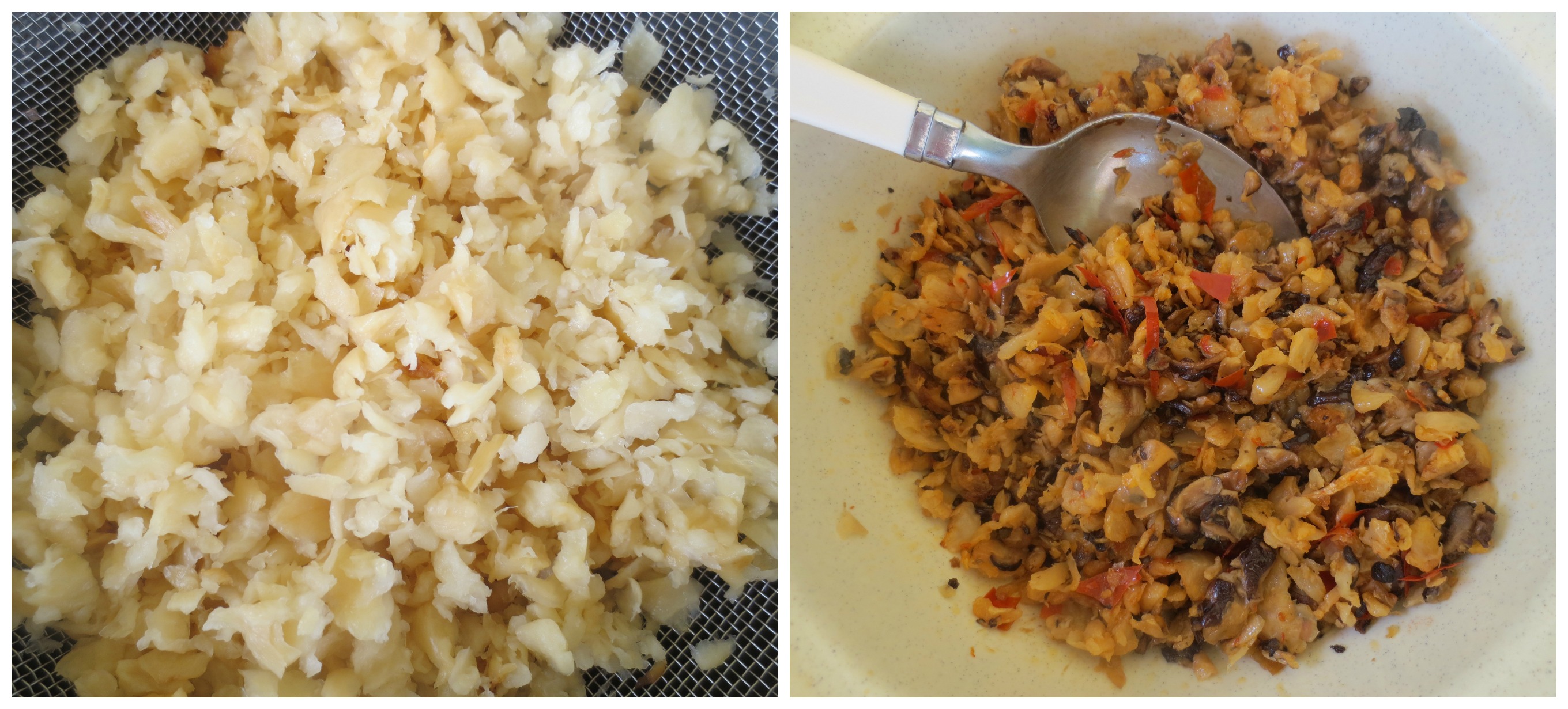 Left-Ready chopped Chai poh bought from market Right - Stir-fried chai poh and mushroom ready for topping