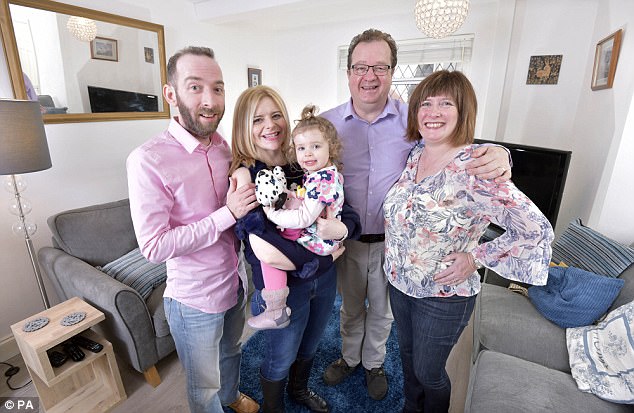 John and Kelly Davie and their daughter Lucy, 2, with David and Margaret West inside the Wests' new home (previously owned by the Davies) at Muirs in Kinross
