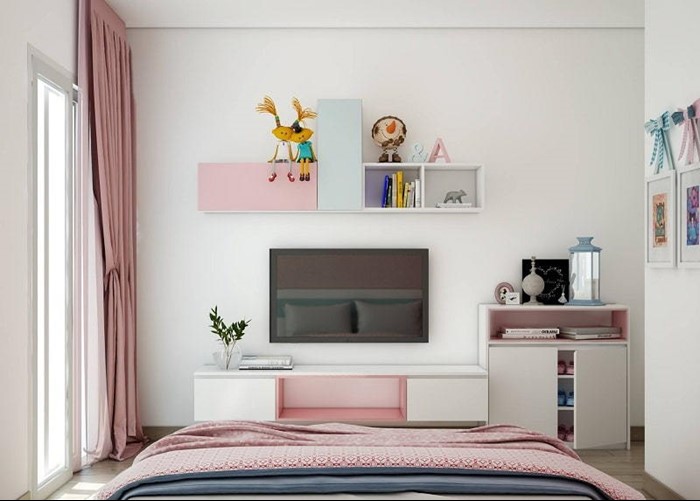 Kệ ti vi sử dụng màu sắc sinh động, đan xen giữa hồng và trắng, kích cỡ nhỏ gọn phù hợp với những phòng ngủ cho các bé gái